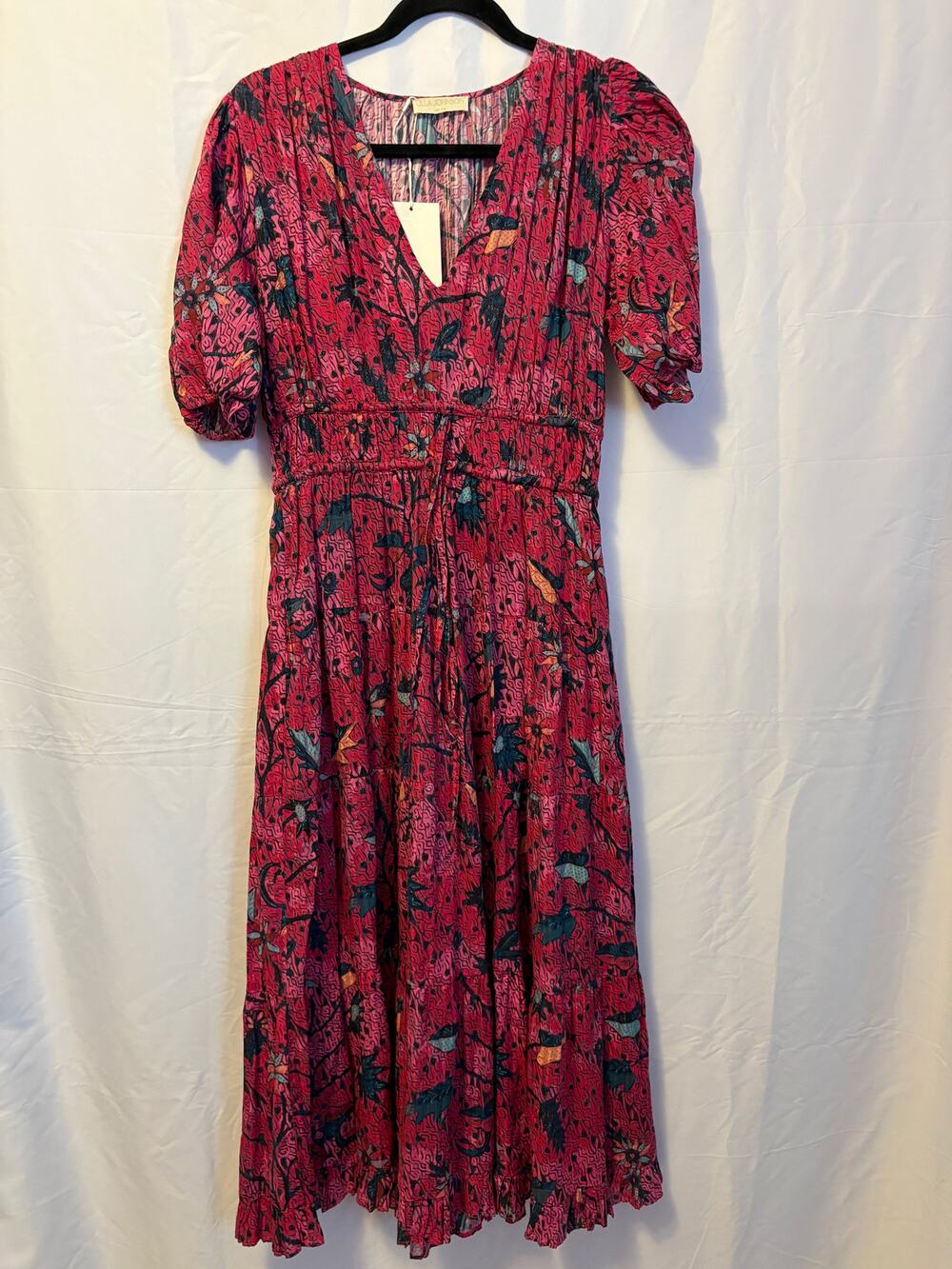 New Ulla Johnson Thelma Midi Dress Pink Ruched Tiered Skirt Short Sleeve Sz 4